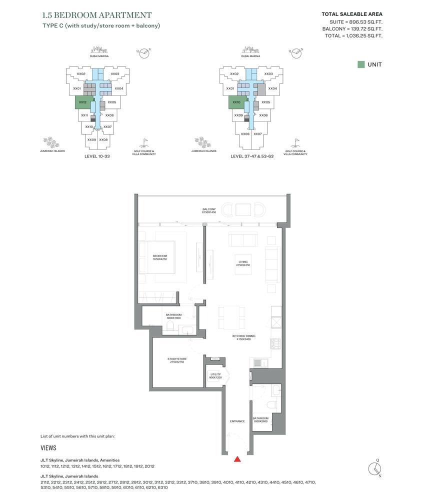 Floor Plan — 1.5 Bedroom Layout | Furnished | Jumeirah Island Views